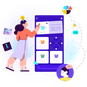 Cartoon-style image of a woman interacting with a product interface
