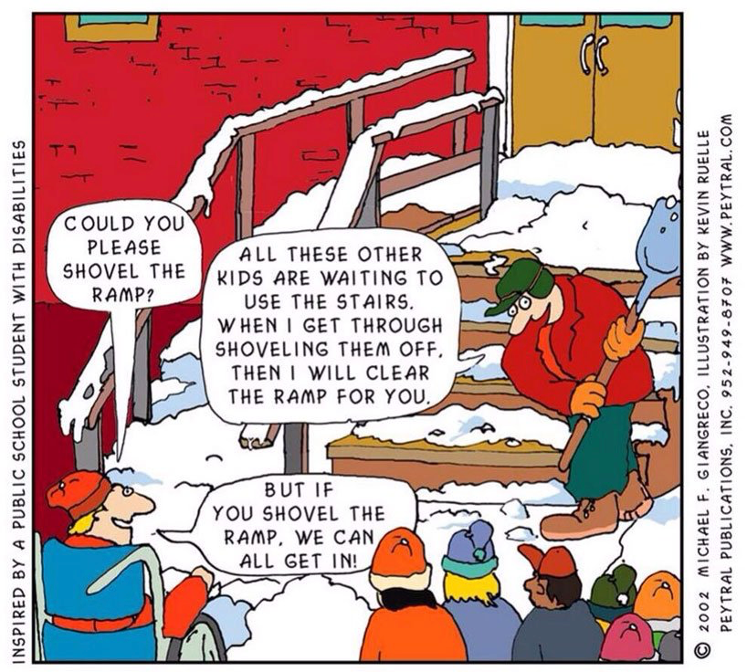 Comic about accessibility and snow-clearing - clearing a ramp good for all, clearing stairs not