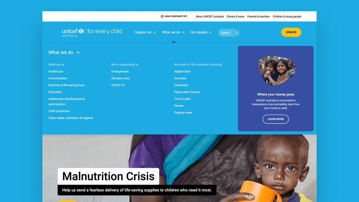 Unicef mega menu