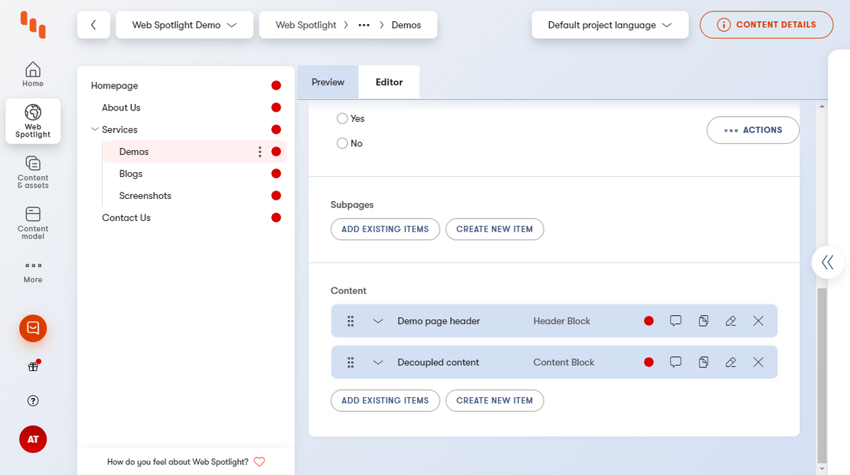 Web spotlight set up with default Homepage and Page types